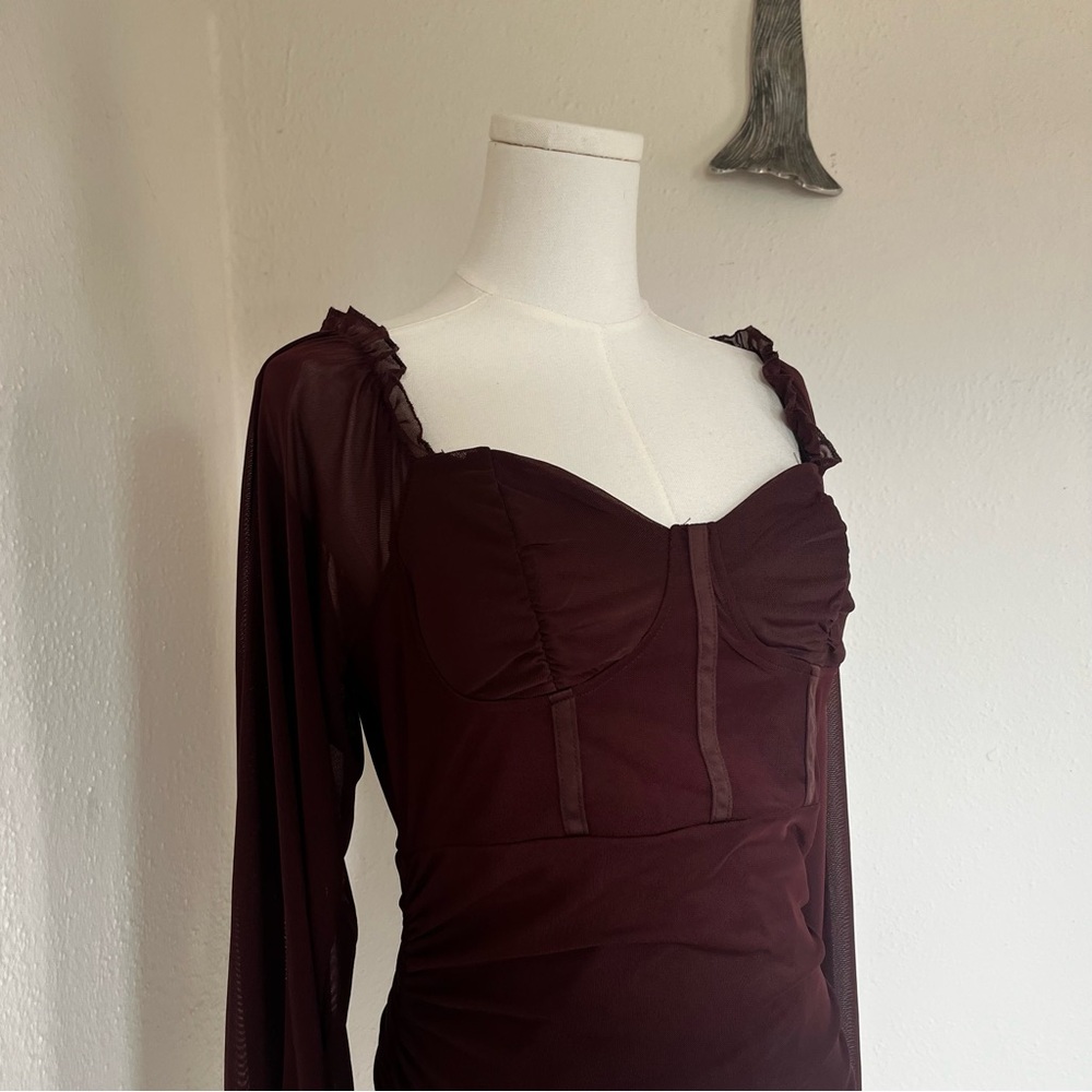 Almost Famous Brown Mesh-Sleeve Ruched Bodycon Dress NWT - Picture 5 of 6